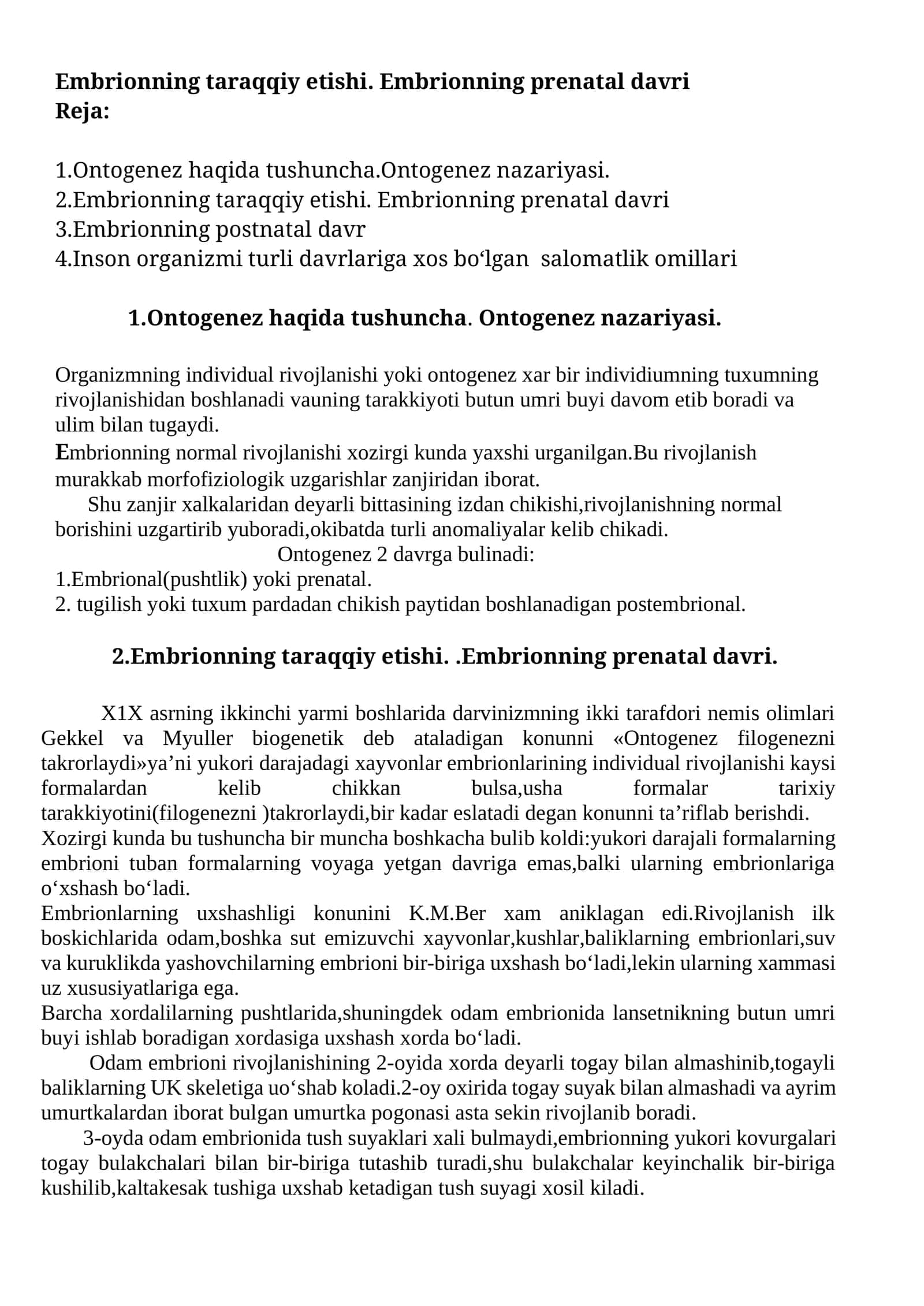 Embrionning taraqqiy etishi. Embrionning prenatal davri 1
