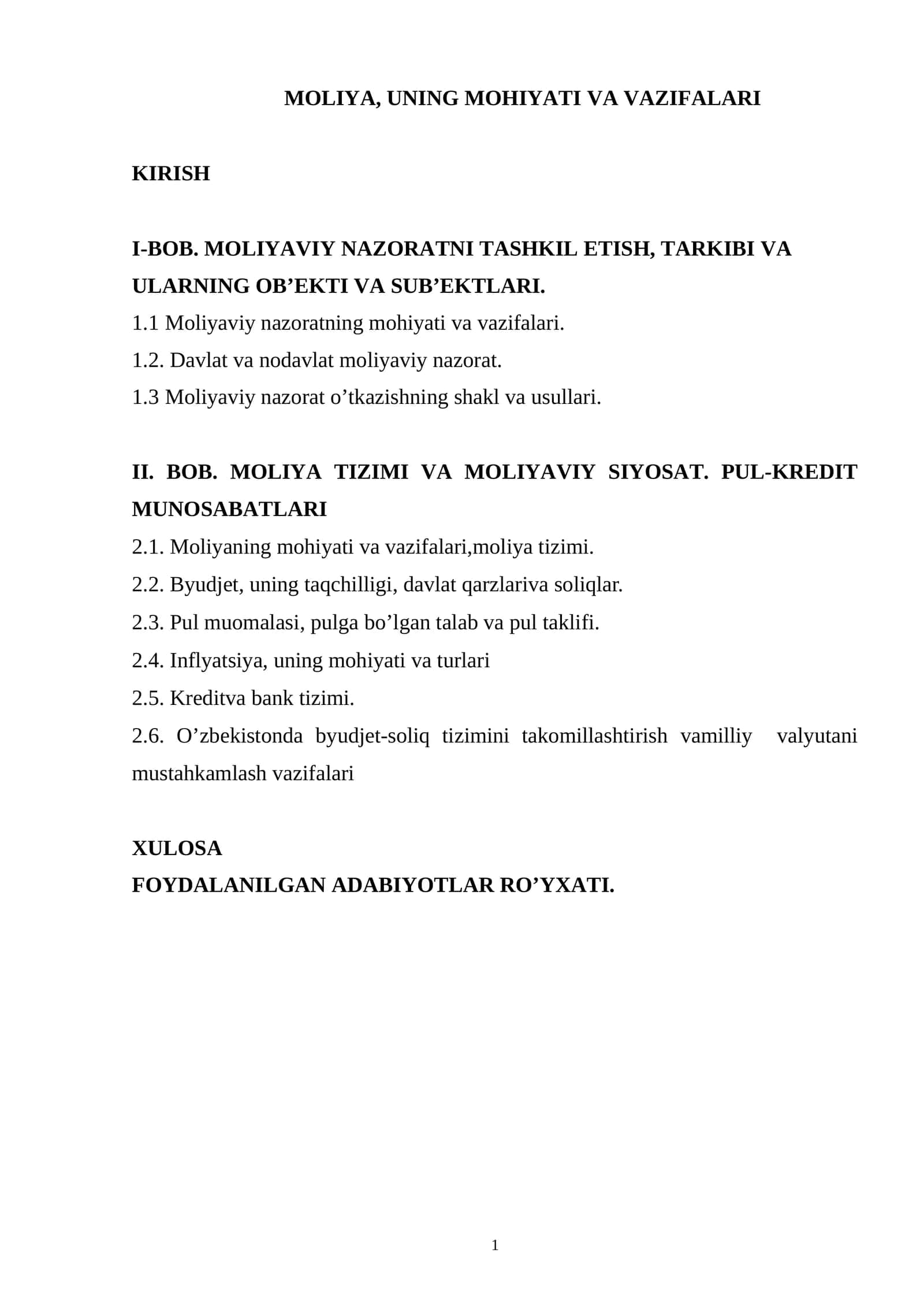 MOLIYA, UNING MOHIYATI VA VAZIFALARI 1