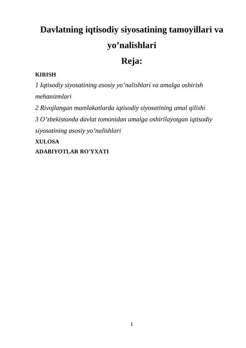 Davlatning iqtisodiy siyosatining tamoyillari va yo’nalishlari