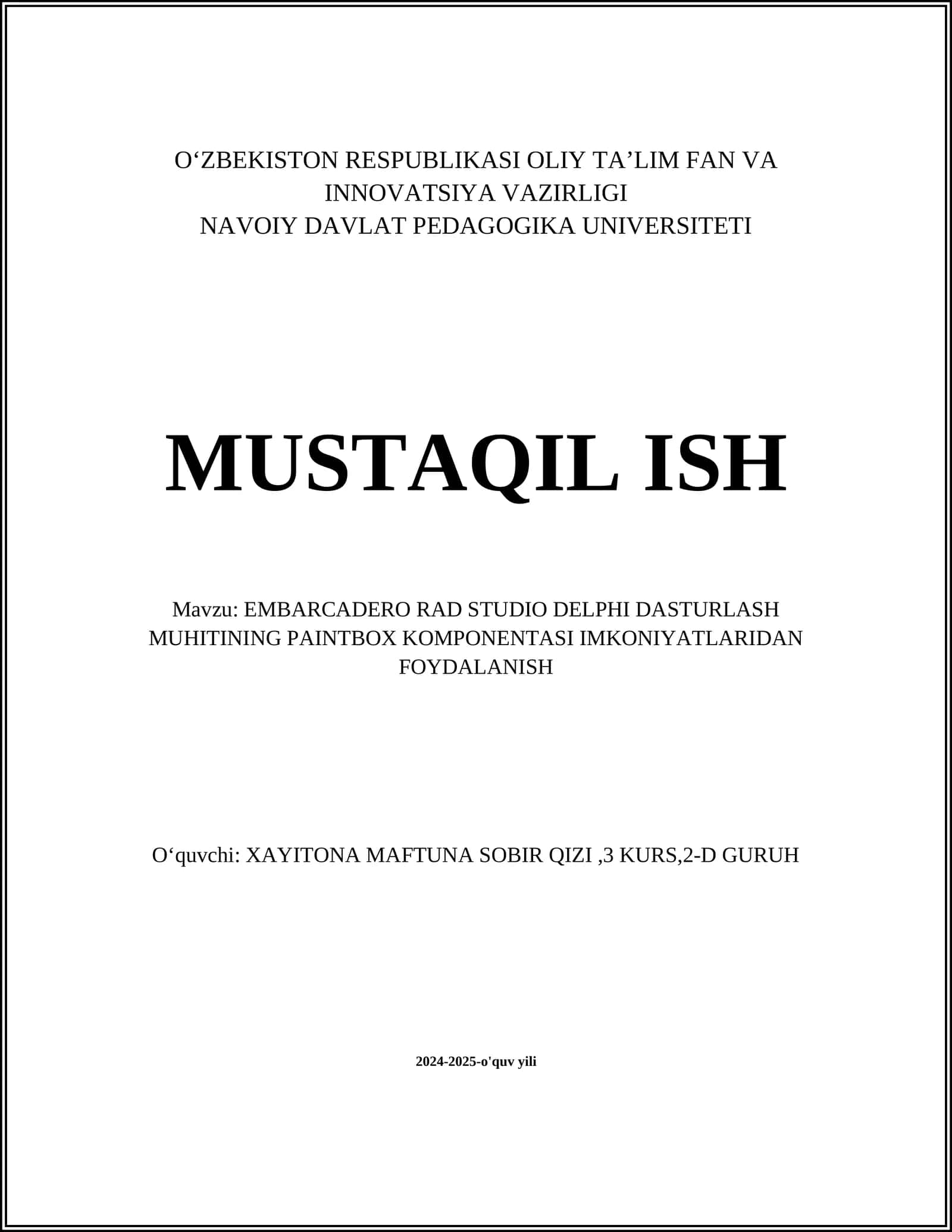 EMBARCADERO RAD STUDIO DELPHI DASTURLASH MUHITINING PAINTBOX KOMPONENTASI IMKONIYATLARIDAN FOYDALANISH 1