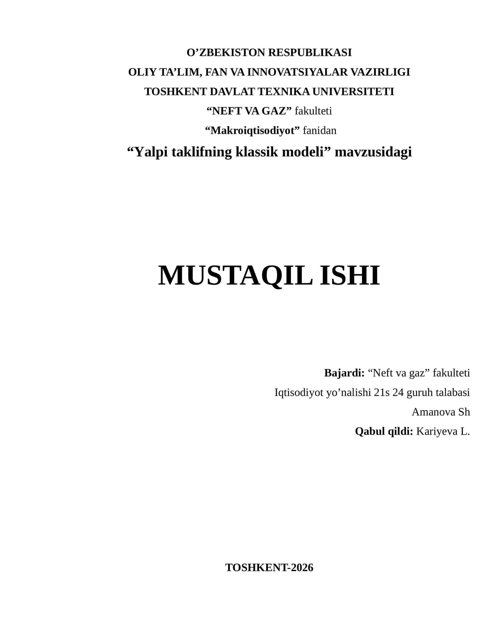 Yalpi taklifning klassik modeli 1