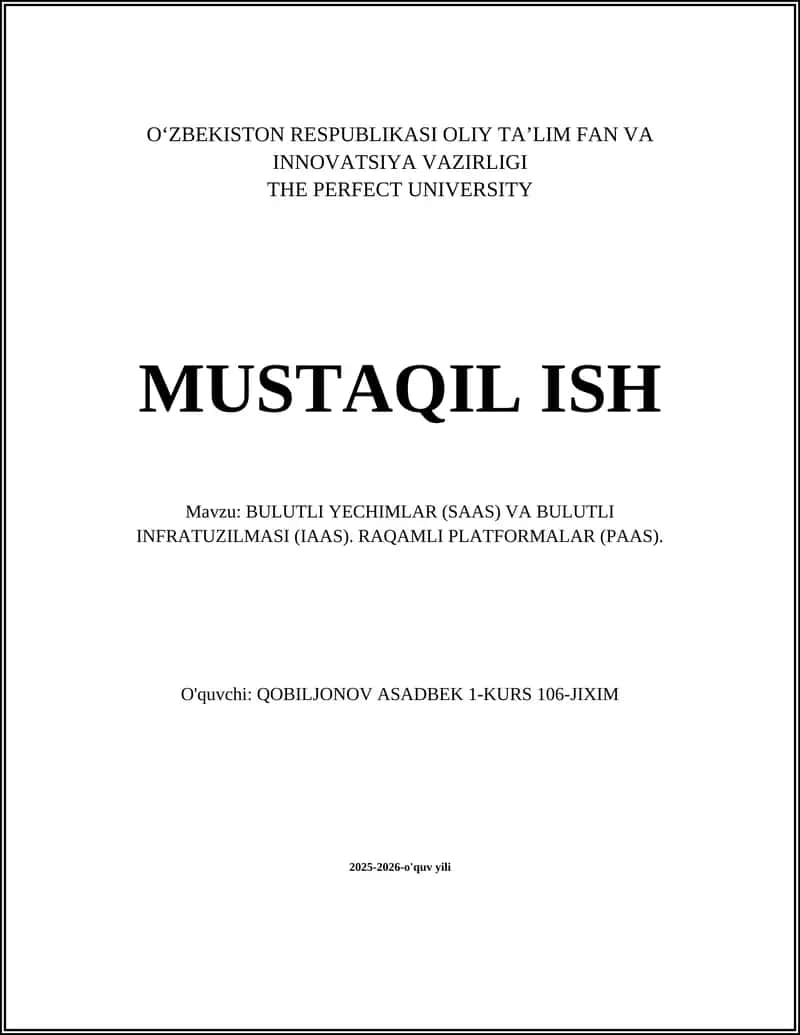 BULUTLI YECHIMLAR (SAAS) VA BULUTLI INFRATUZILMASI (IAAS). RAQAMLI PLATFORMALAR (PAAS) 1