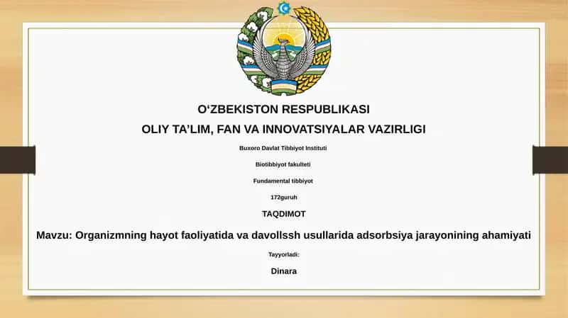 Organizmning hayot faoliyatida va davollash usullarida adsorbsiya jarayonining ahamiyati 1
