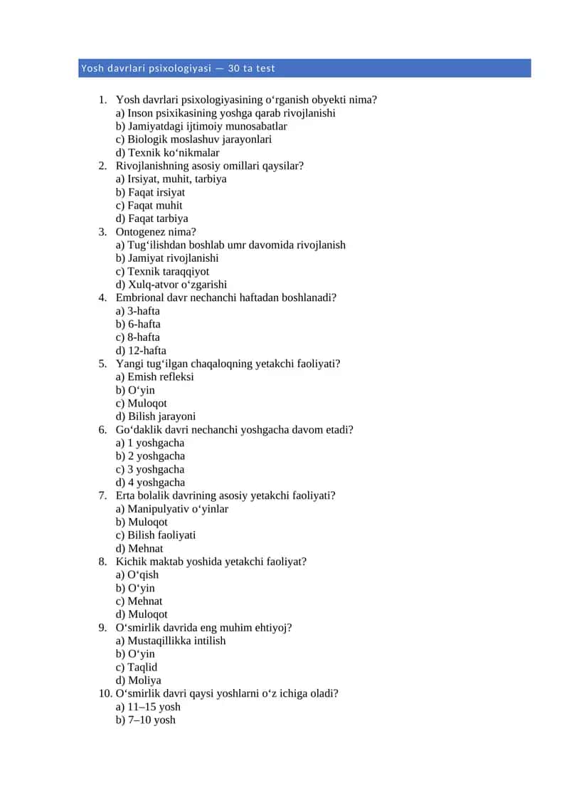 Yosh davrlari psixologiyasi — 30 ta test 1