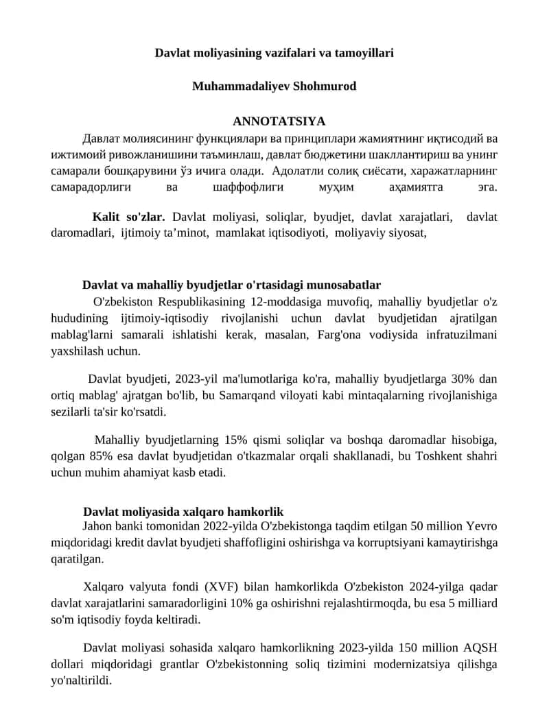 Davlat moliyasining vazifalari va tamoyillari 1