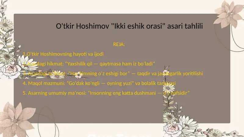 O‘tkir Hoshimovning "Ikki eshik orasi" asari tahlili 1
