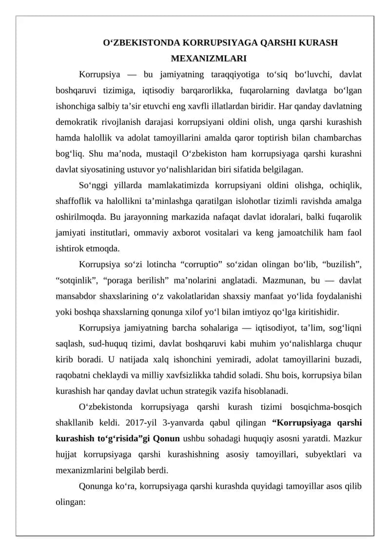 Oʻzbekistonda Korrupsiyaga Qarshi Kurash Mexanizmlari 1