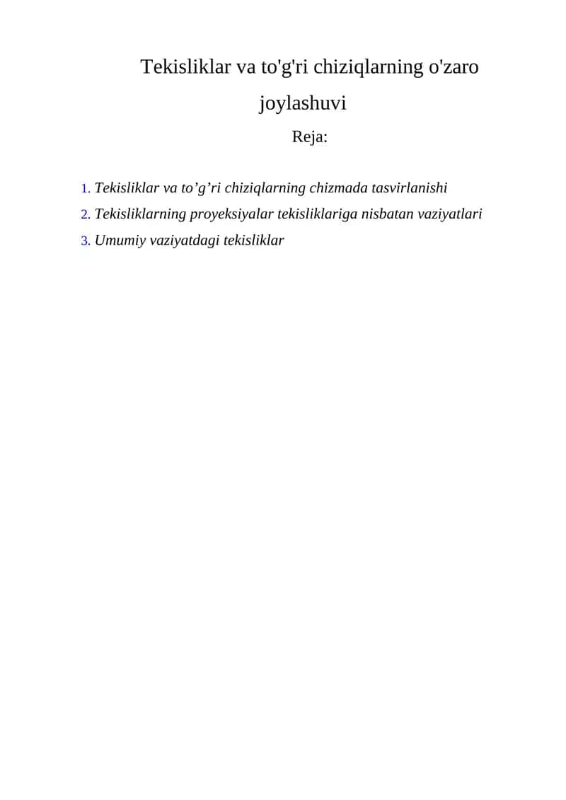 Tekisliklar va to'g'ri chiziqlarning o'zaro joylashuvi 1