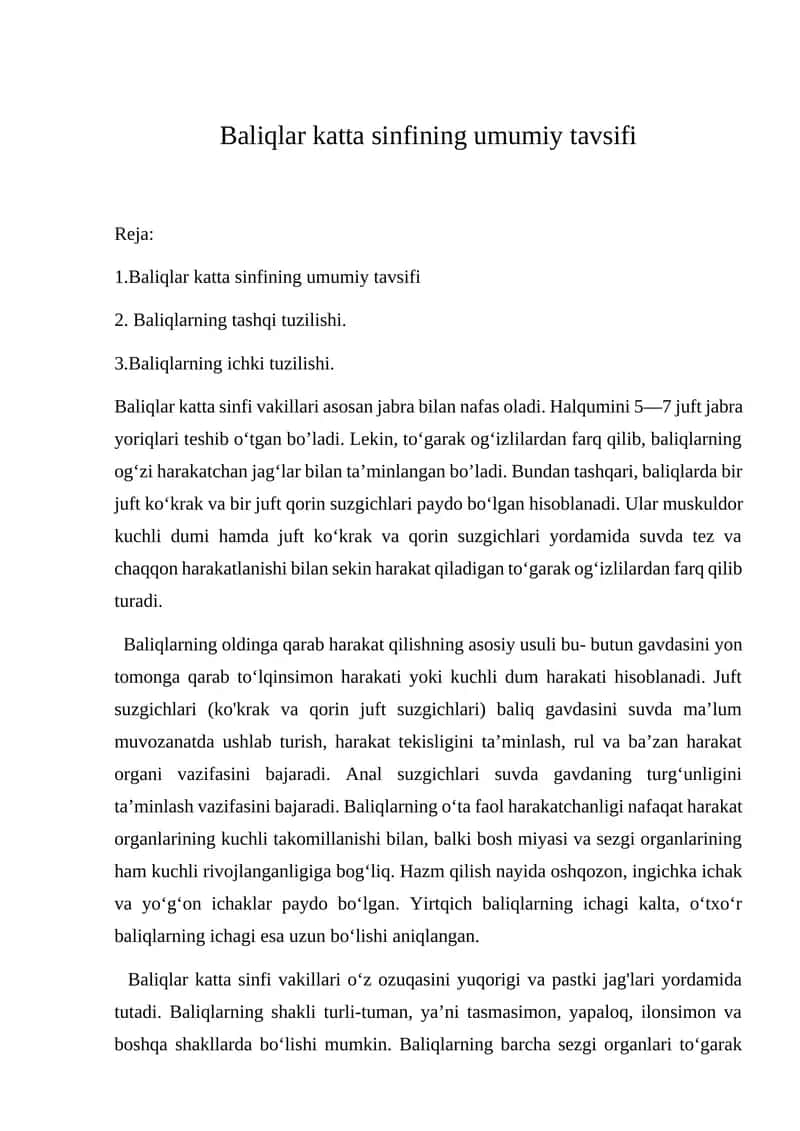 Baliqlar katta sinfining umumiy tavsifi 1