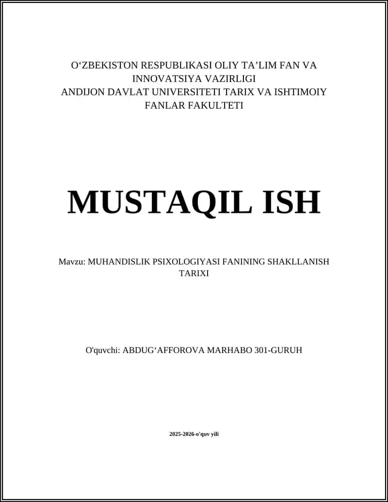 MUHANDISLIK PSIXOLOGIYASI FANINING SHAKLLANISH TARIXI 1