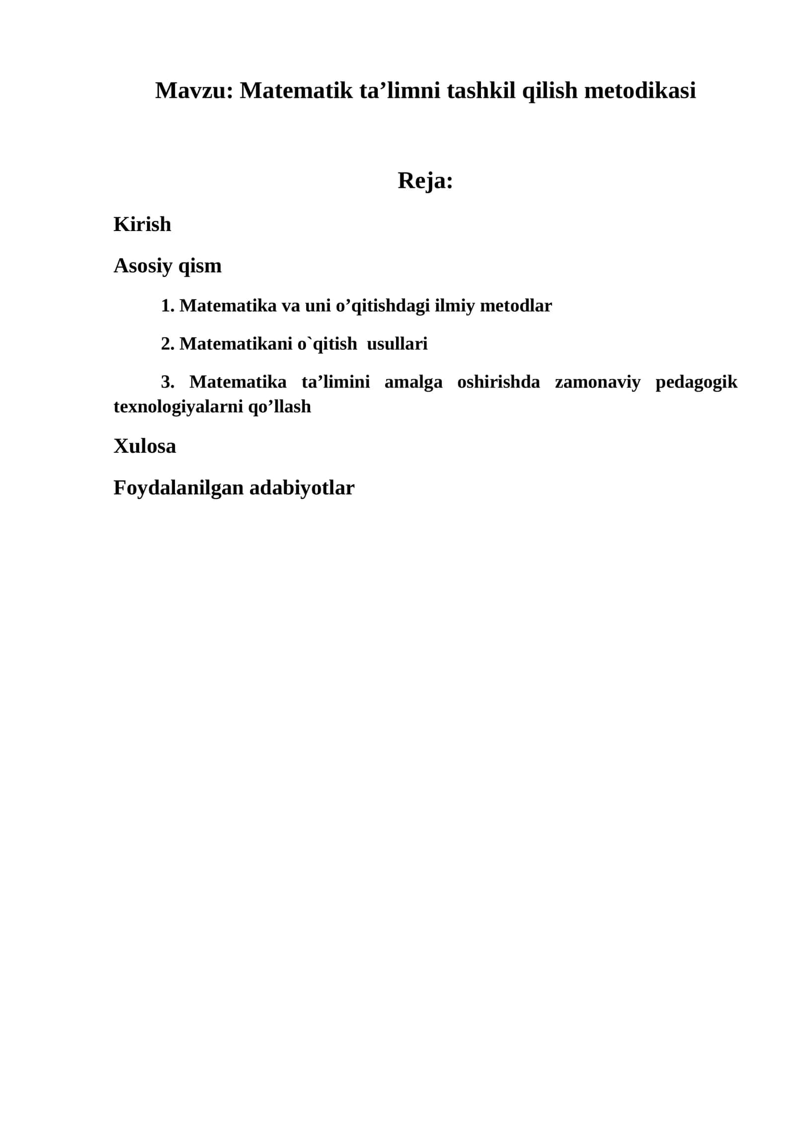 Matematik ta’limni tashkil qilish metodikasi 1