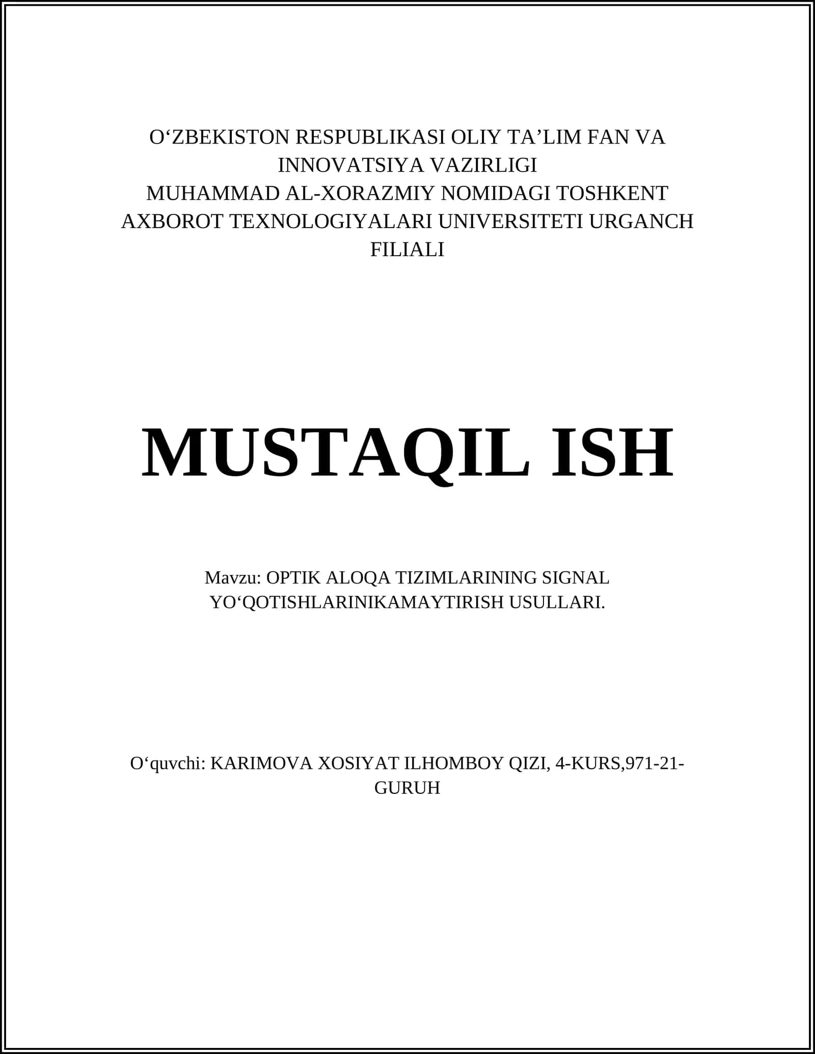 OPTIK ALOQA TIZIMLARINING SIGNAL YO‘QOTISHLARINIKAMAYTIRISH USULLARI 1