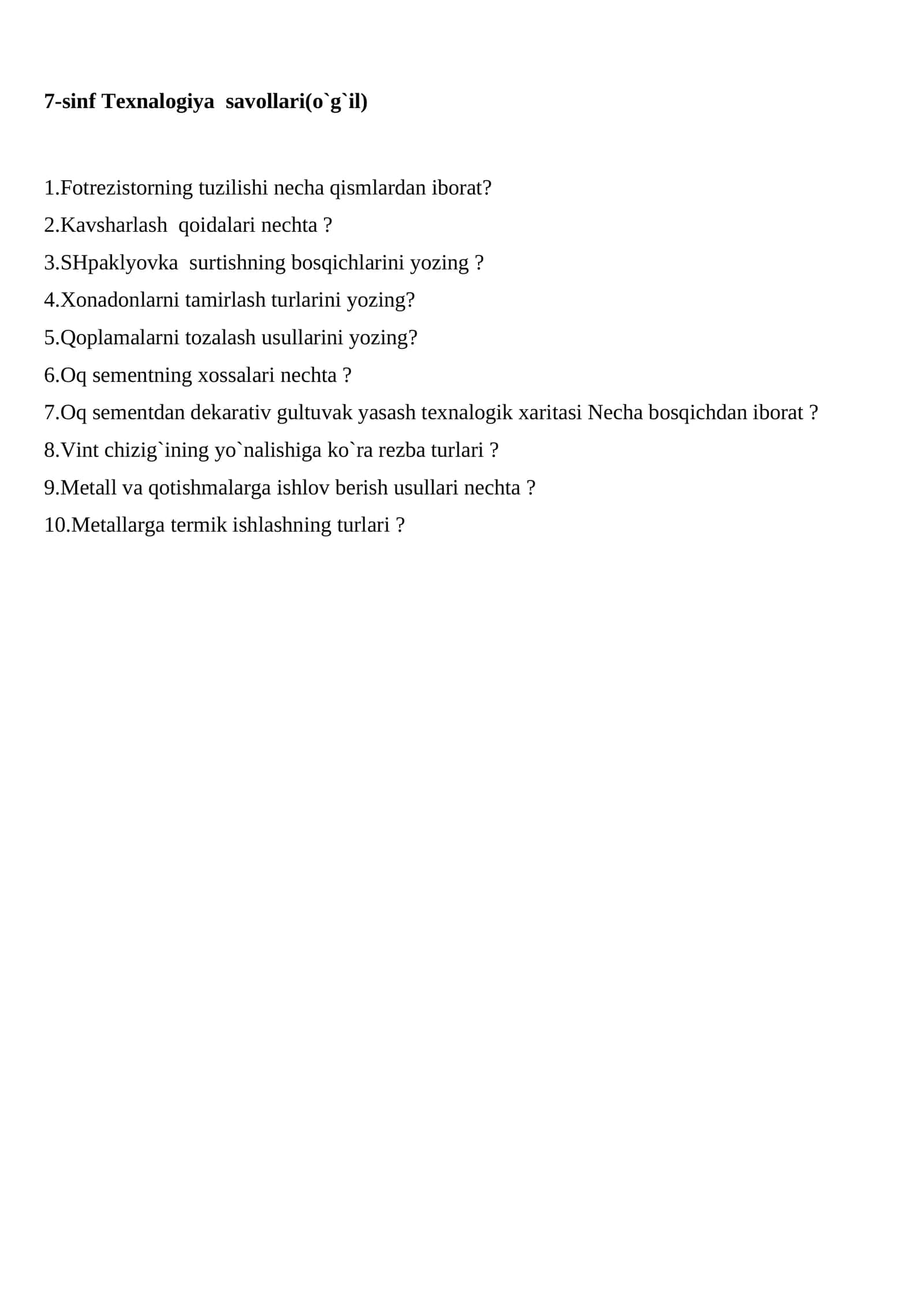 7-sinf Texnalogiya savollari(o`g`il) 1