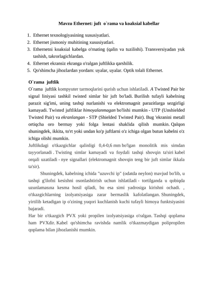 Ethernet: juft o`rama va koaksial kabellar 1