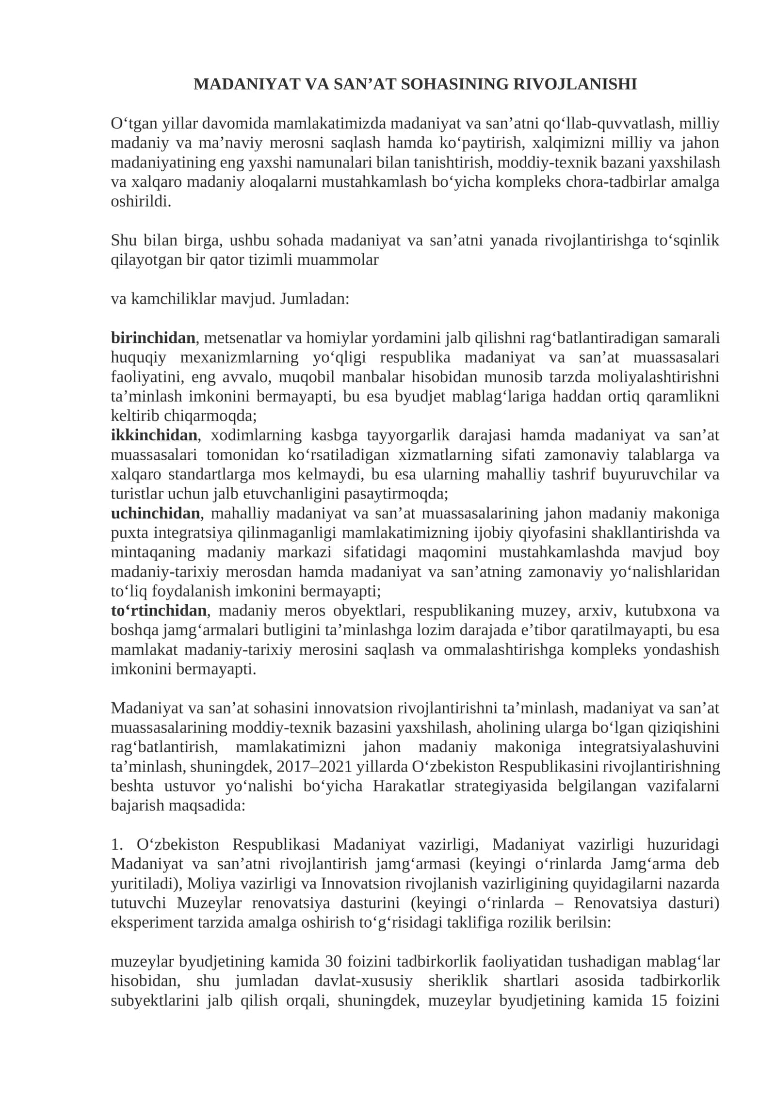 Madaniyat va San’at sohasining rivojlanishi 1