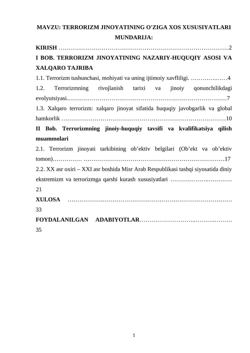 TERRORIZM JINOYATINING O'ZIGA XOS XUSUSIYATLARI 1