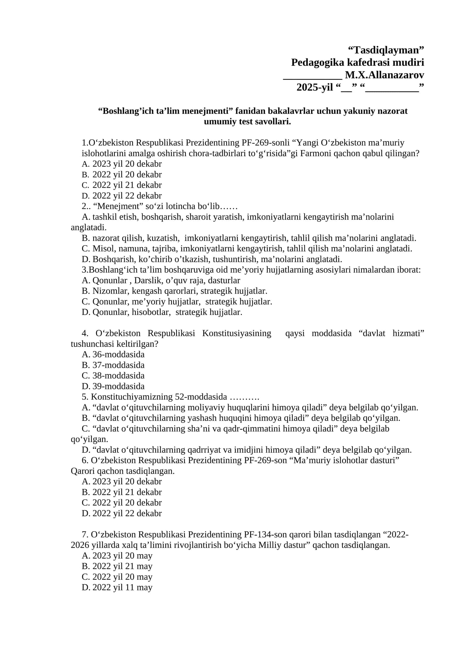 Boshlang’ich Ta’lim Menejmenti Umumiy Test Savollari 1