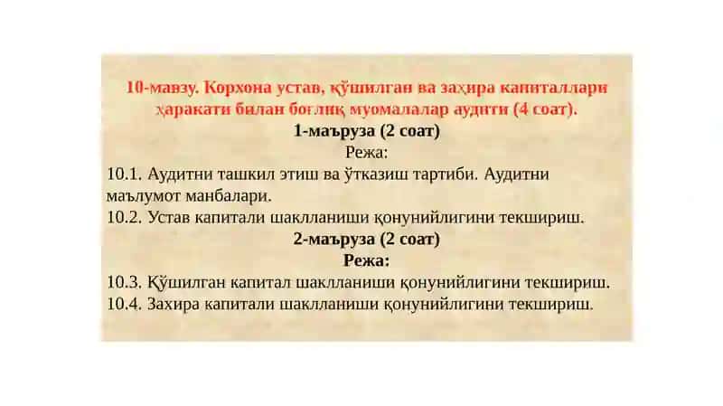 Korxona ustav va kapitalining auditini tashkil etish va o'tkazish tartibi