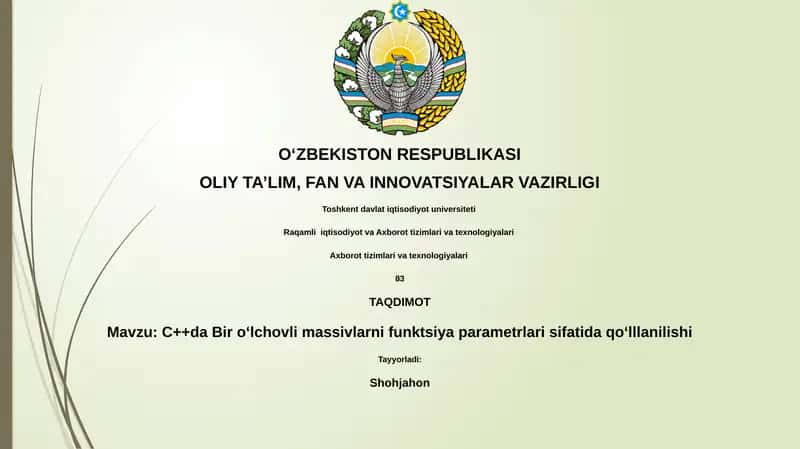 C++da Bir o‘lchovli massivlarni funktsiya parametrlari sifatida qo‘lllanilishi 1