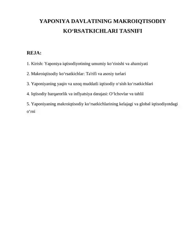 YAPONIYA DAVLATINING MAKROIQTISODIY KO‘RSATKICHLARI TASNIFI