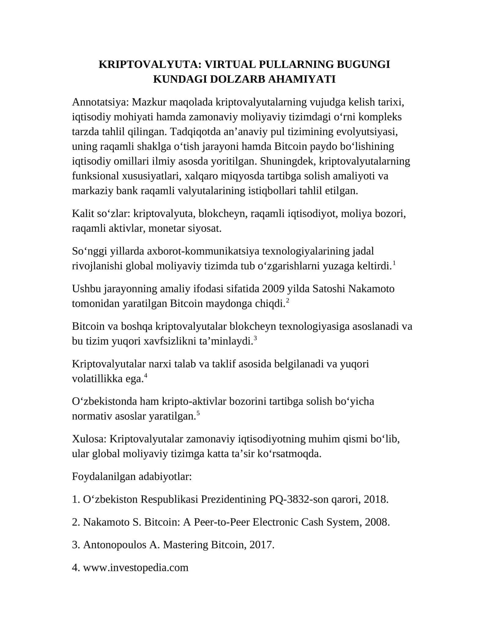 KRIPTOVALYUTA: VIRTUAL PULLARNING BUGUNGI KUNDAGI DOLZARB AHAMIYATI 1