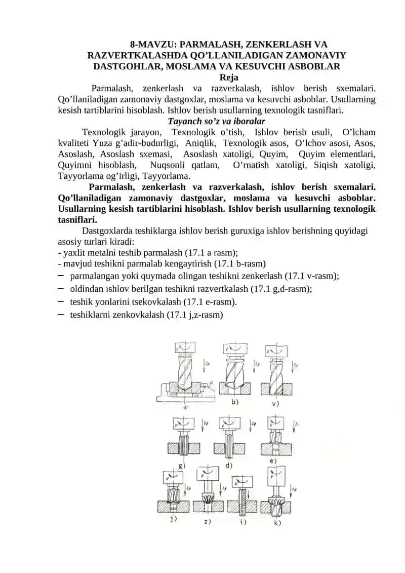 PARMALASH, ZENKERLASH VA RAZVERTKALASHDA QO’LLANILADIGAN ZAMONAVIY DASTGOHLAR, MOSLAMA VA KESUVCHI ASBOBLAR