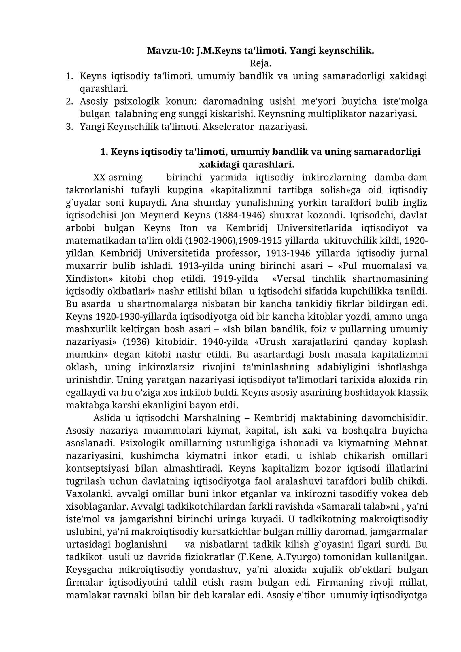 J.M.Kеyns ta'limoti. Yangi kеynschilik 1