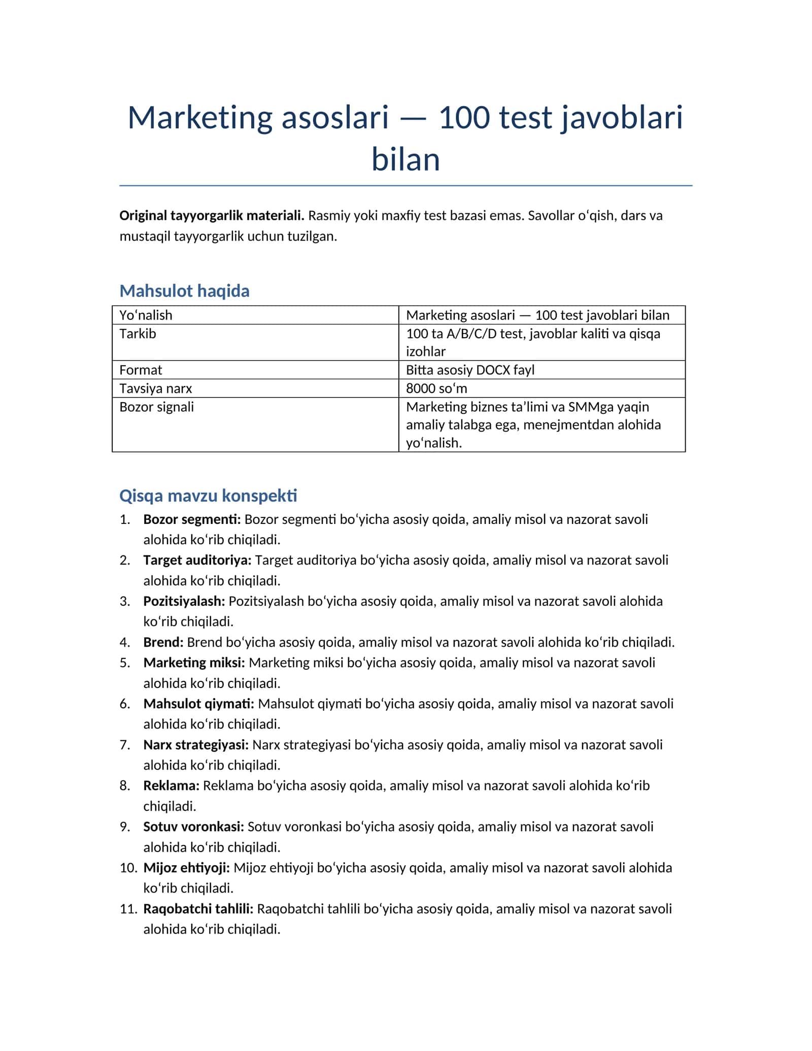 Marketing asoslari — 100 test javoblari bilan 1