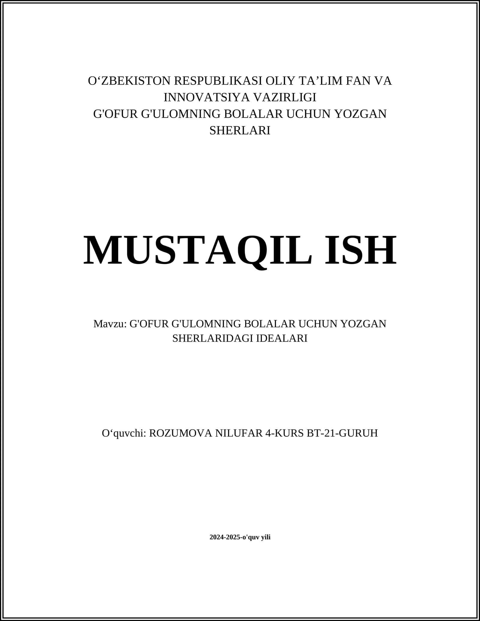 G'OFUR G'ULOMNING BOLALAR UCHUN YOZGAN SHERLARIDAGI IDEALARI 1