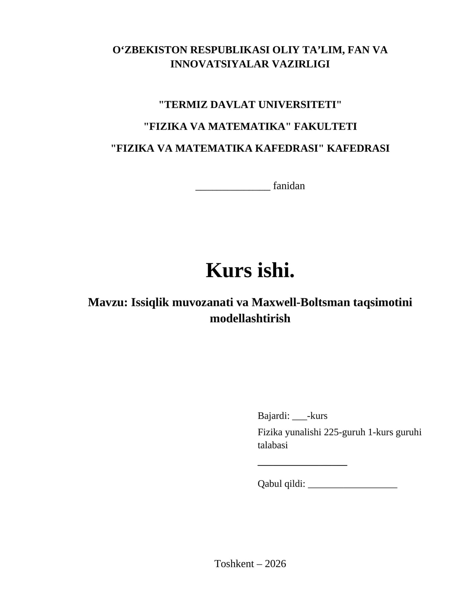Issiqlik muvozanati va Maxwell-Boltsman taqsimotini modellashtirish 1