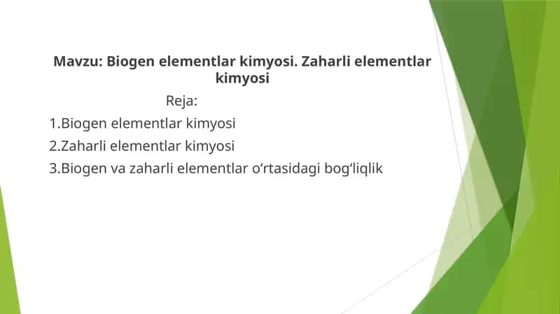 Biogen elementlar kimyosi. Zaharli elementlar kimyosi 1