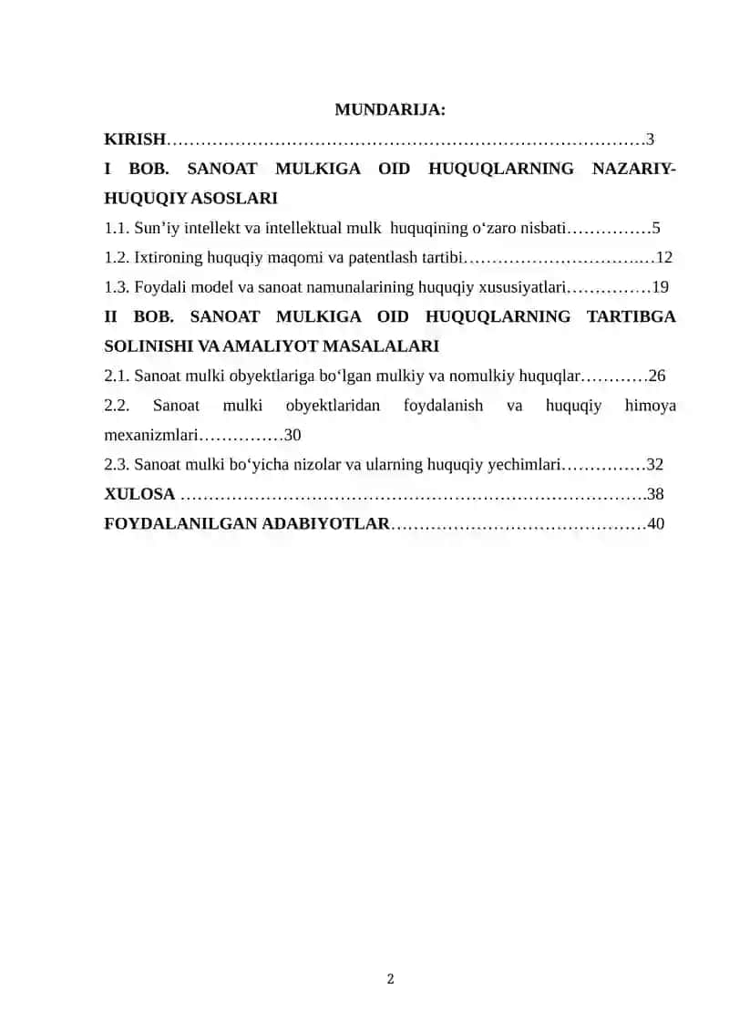 SANOAT MULKIGA BO'LGAN HUQUQ (IXTIRO,FOYDALI MODEL,SANOAT NAMUNASIGA BO'LGAN HUQUQ)NI TARTIBGA SOLISHNI HUSUSIYATLARI