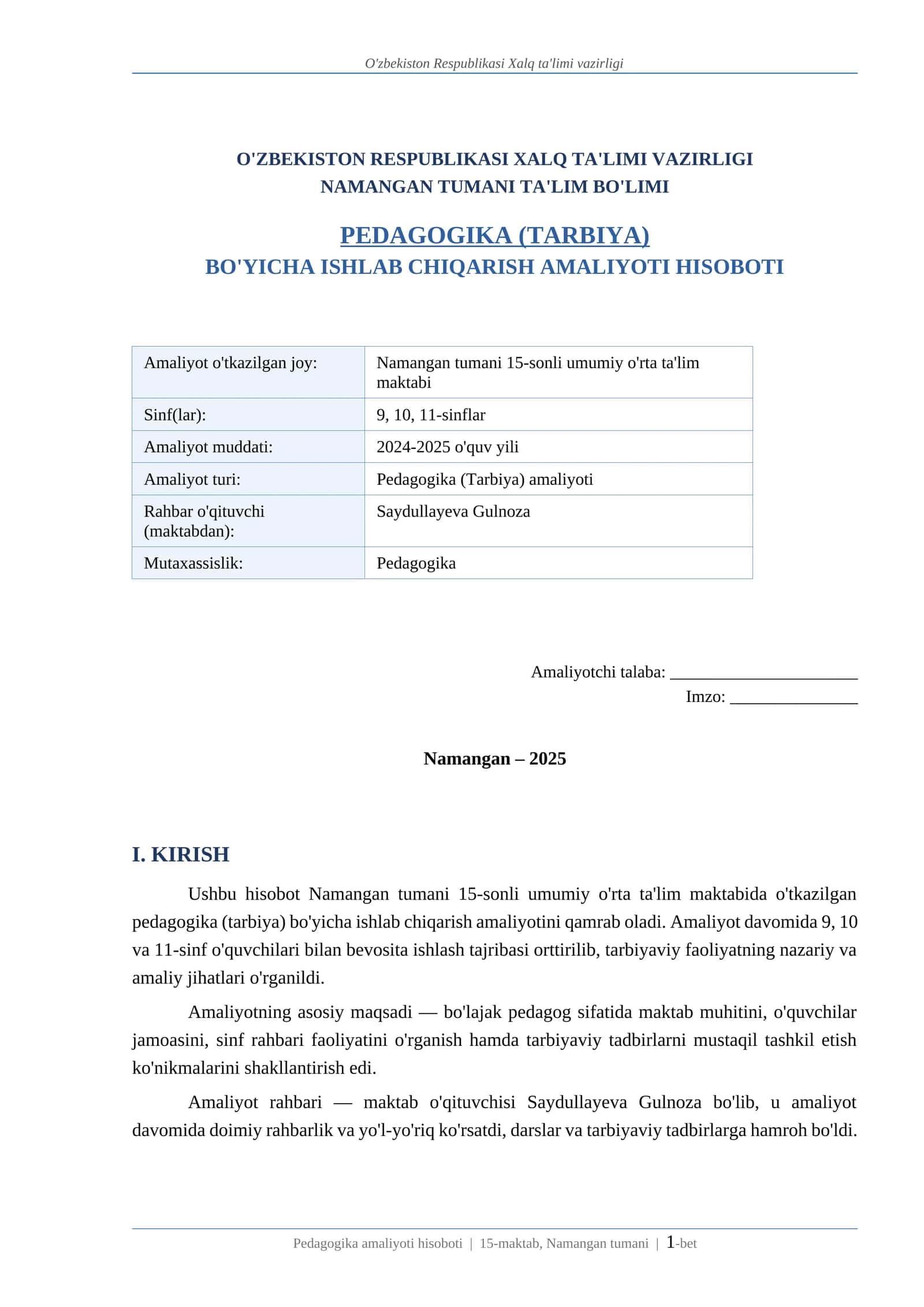 PEDAGOGIKA (TARBIYA) BO'YICHA ISHLAB CHIQARISH AMALIYOTI HISOBOTI 1