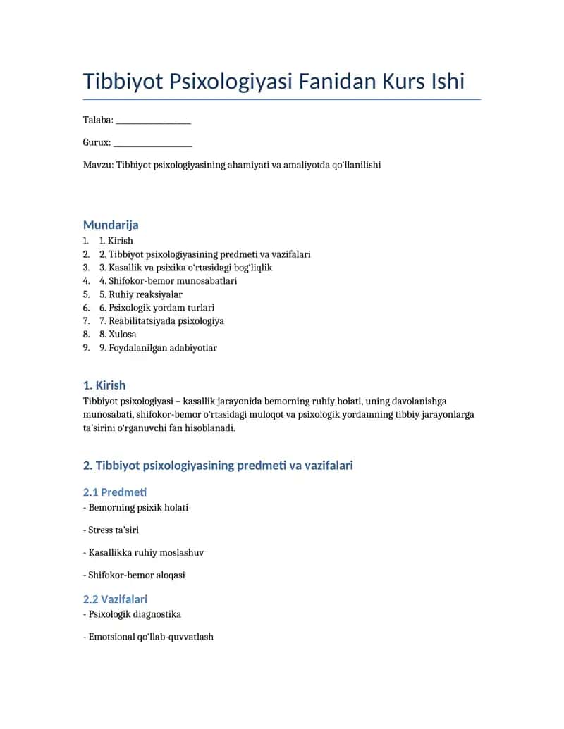 Tibbiyot Psixologiyasi Fanidan Kurs Ishi 1