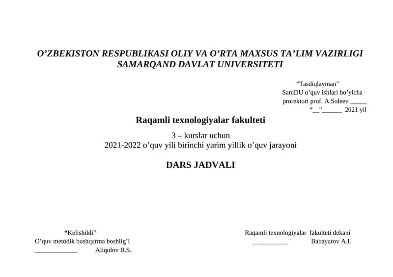 Raqamli texnologiyalar fakulteti DARS JADVALI 1
