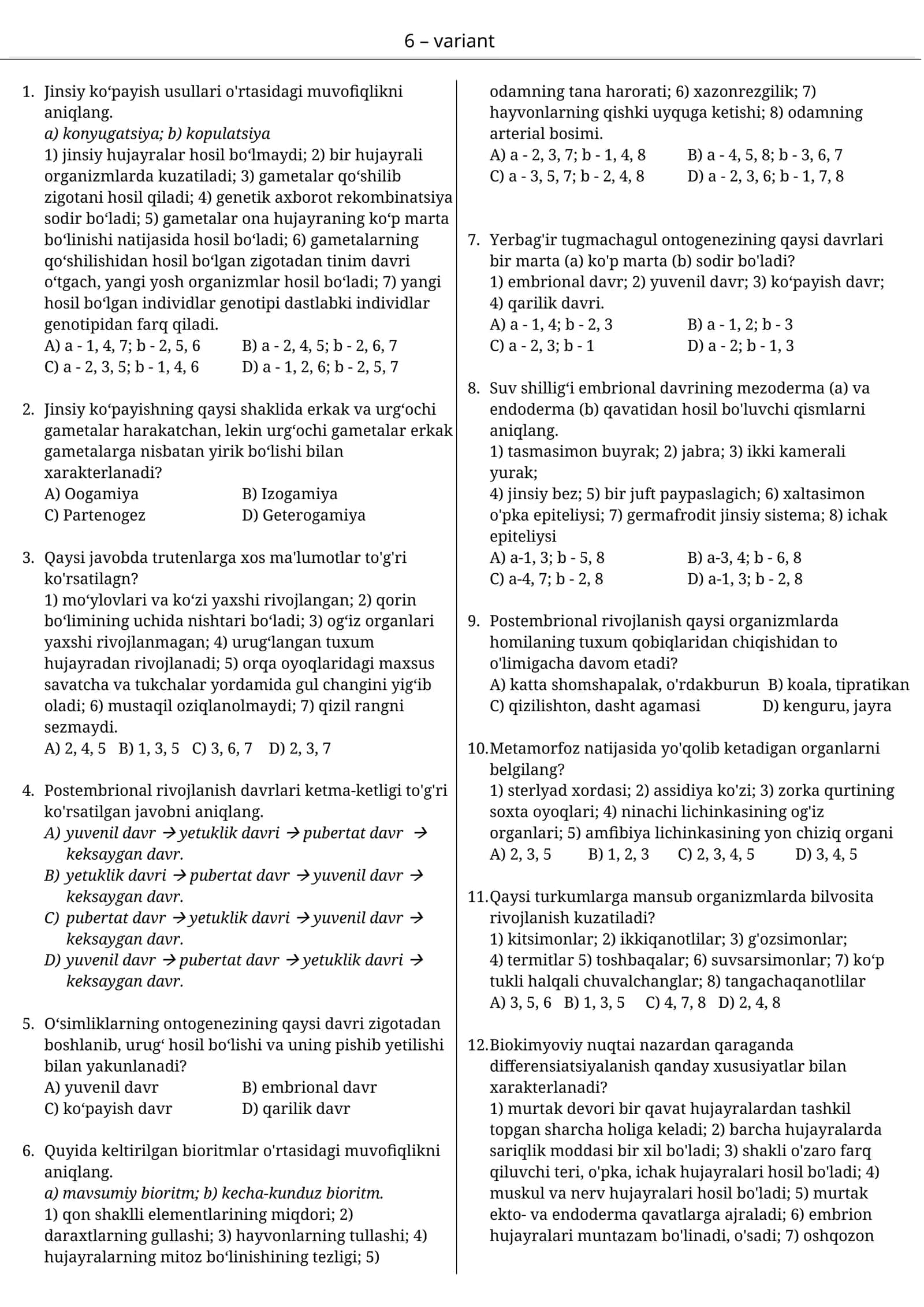 10-sinf biologiya test 6- variant 1