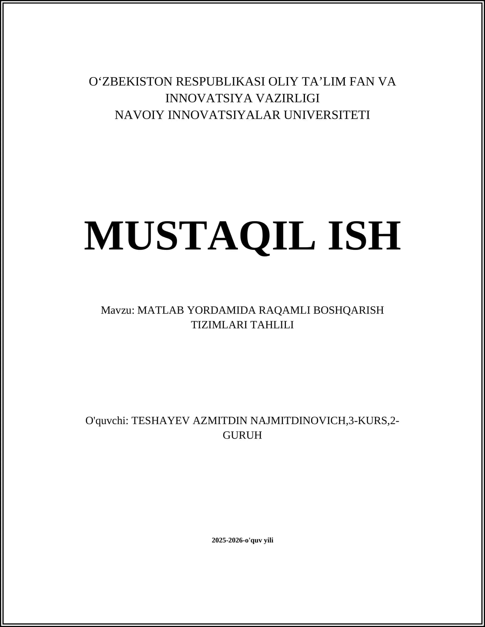 MATLAB YORDAMIDA RAQAMLI BOSHQARISH TIZIMLARI TAHLILI 1