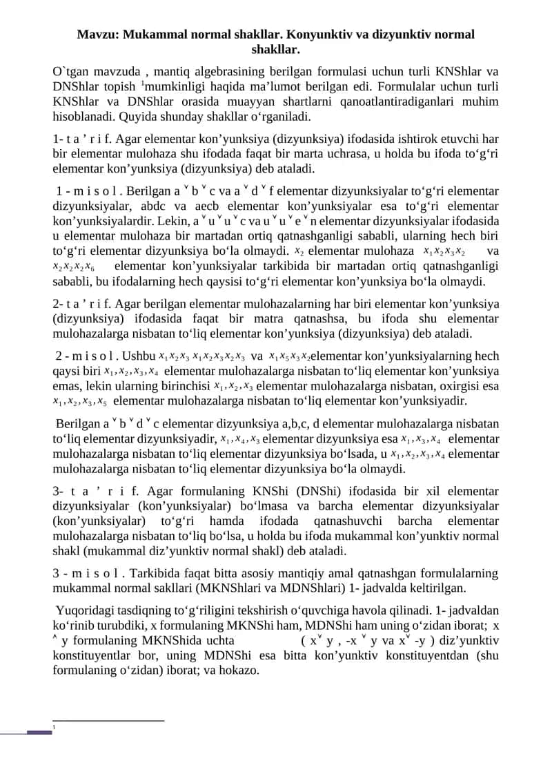 Mukammal normal shakllar. Konyunktiv va dizyunktiv normal shakllar. 1