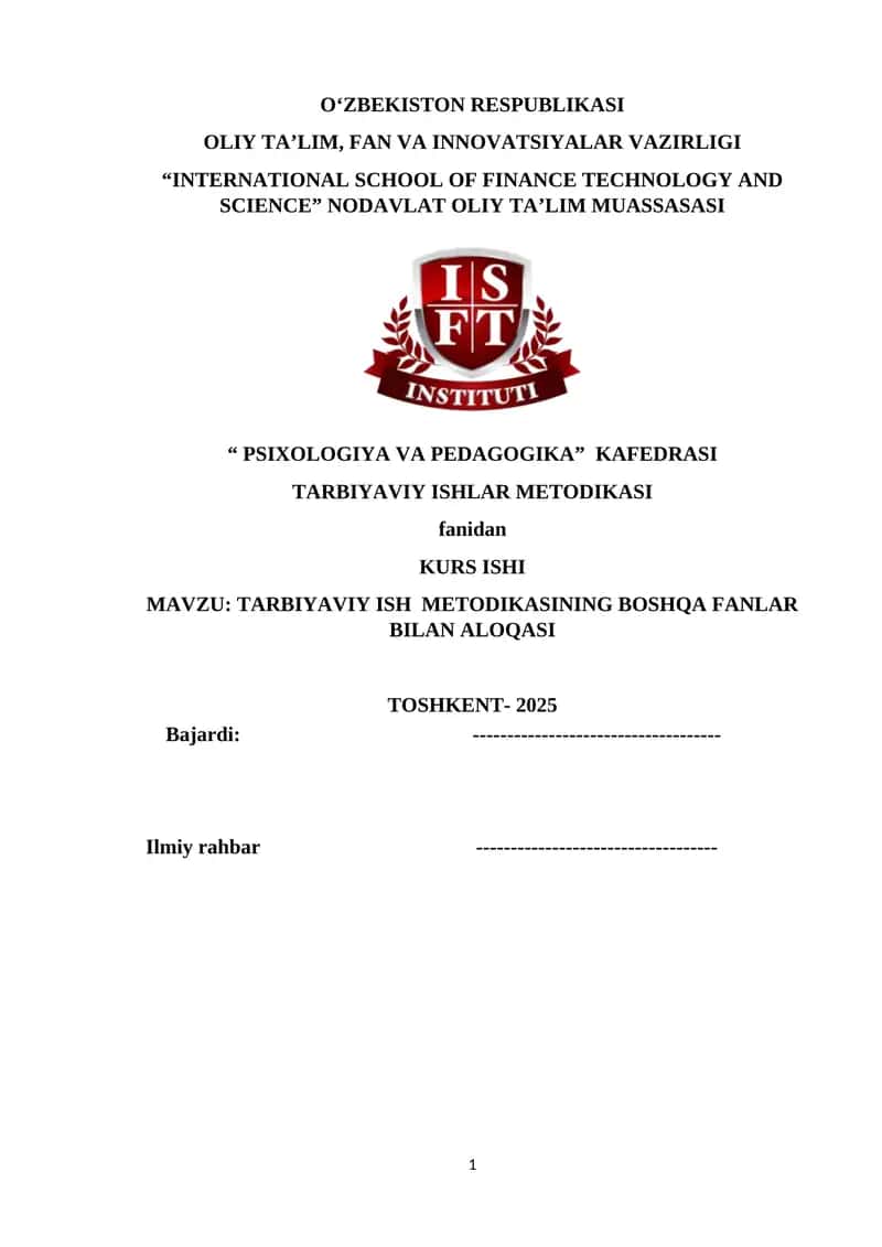 TARBIYAVIY ISH METODIKASINING BOSHQA FANLAR BILAN ALOQASI 1