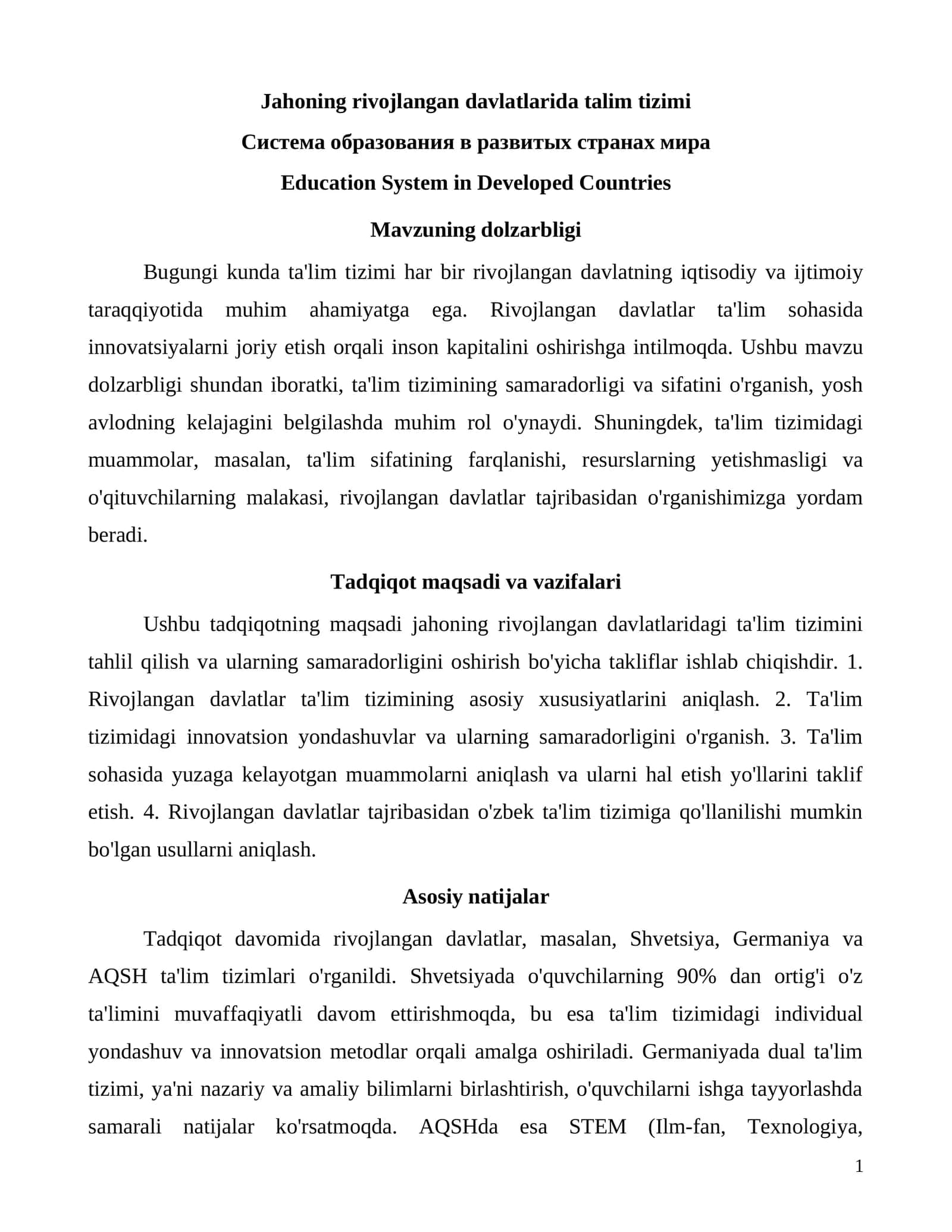 Jahoning rivojlangan davlatlarida talim tizimi 1