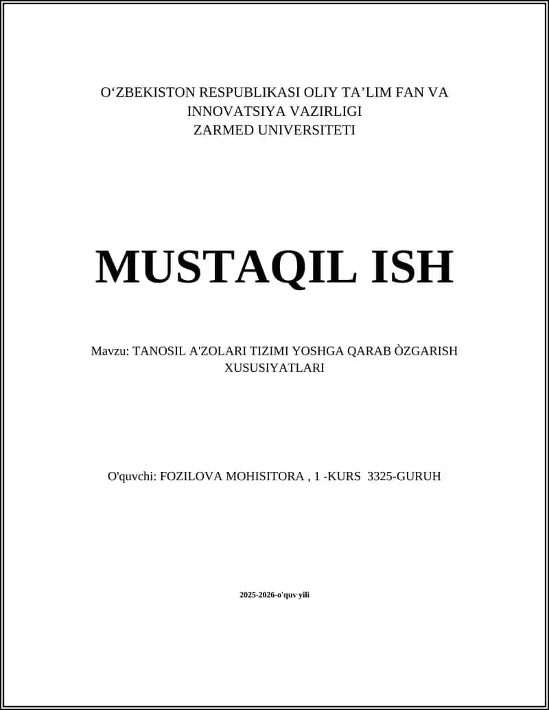 TANOSIL A'ZOLARI TIZIMI YOSHGA QARAB ÒZGARISH XUSUSIYATLARI 1