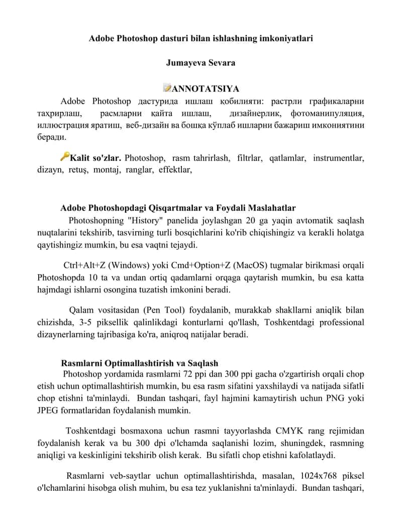 Adobe Photoshop dasturi bilan ishlashning imkoniyatlari 1