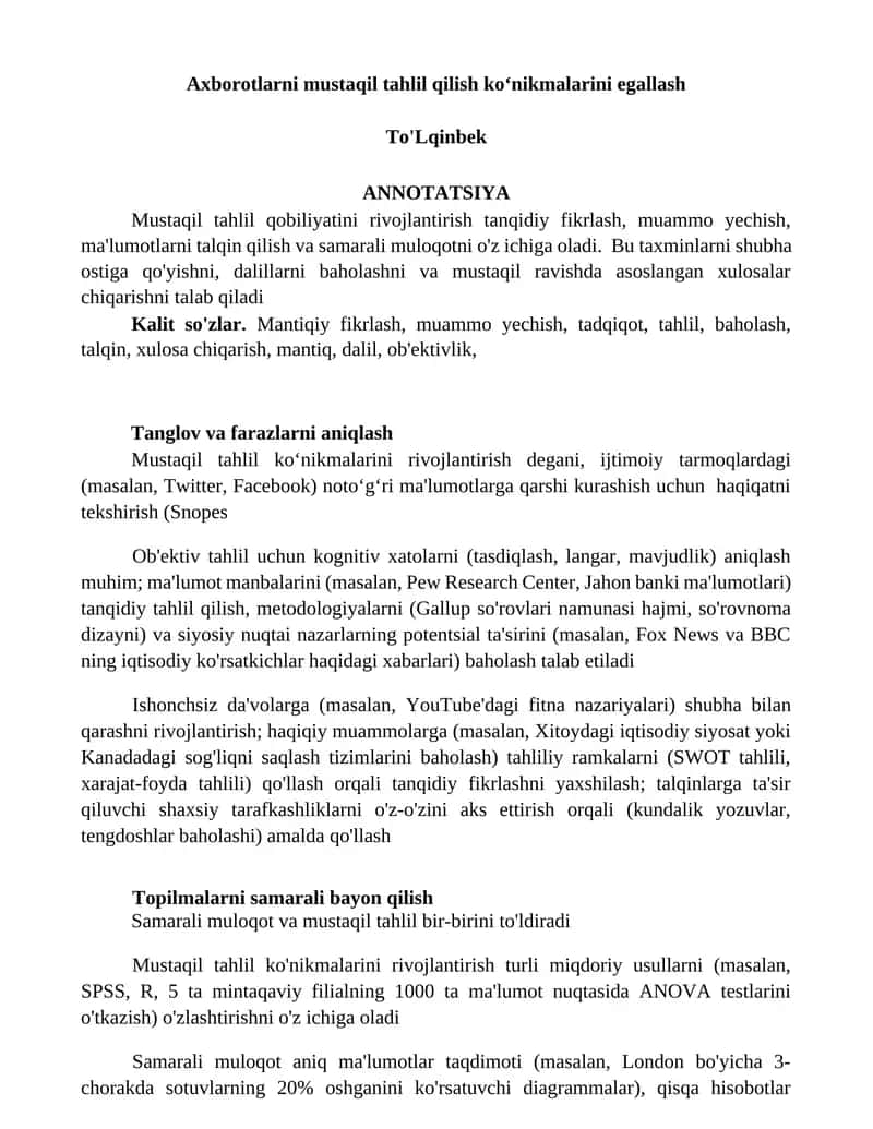 Mustaqil tahlil qilish koʻnikmalarini egallash 1