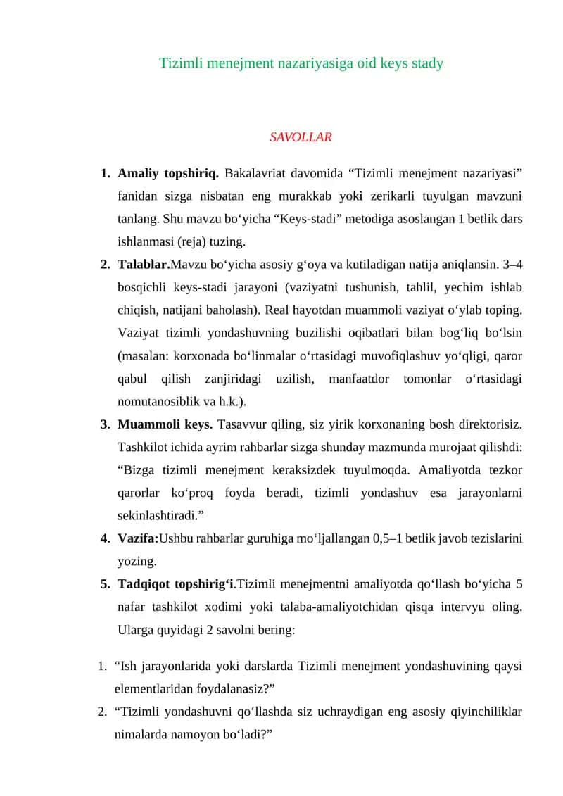 Tizimli menejment nazariyasiga oid keys stady 1