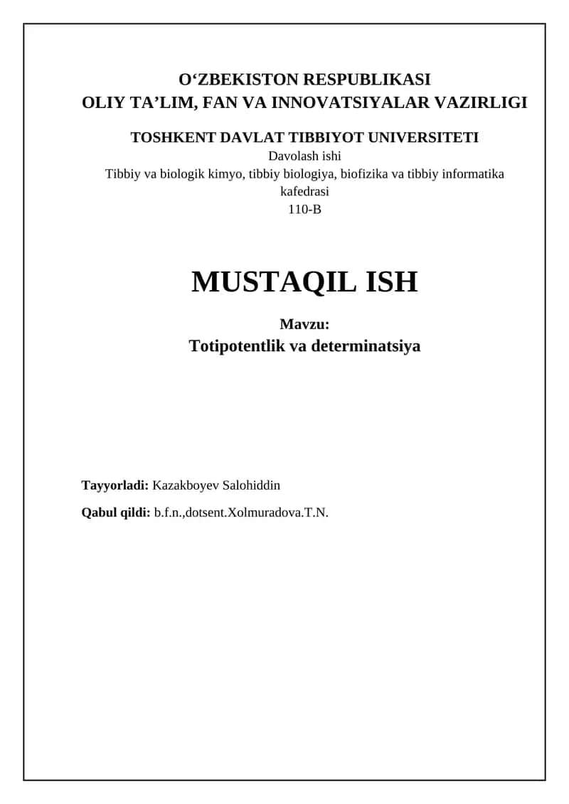 Totipotentlik va determinatsiya 1