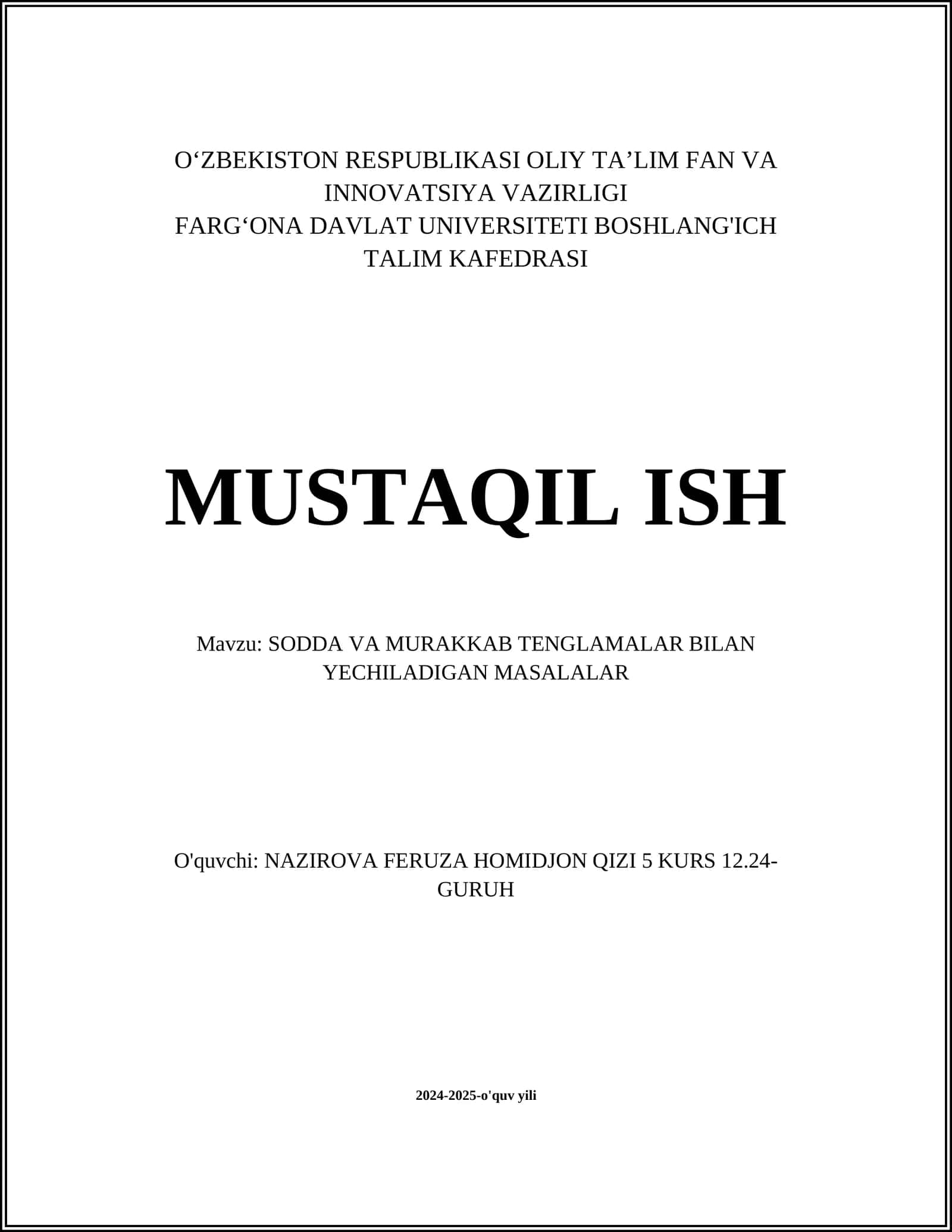 SODDA VA MURAKKAB TENGLAMALAR BILAN YECHILADIGAN MASALALAR 1