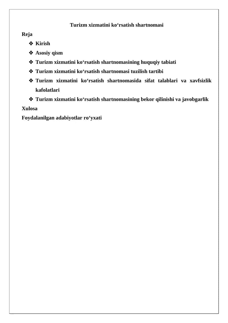 Turizm xizmatini ko‘rsatish shartnomasi 1