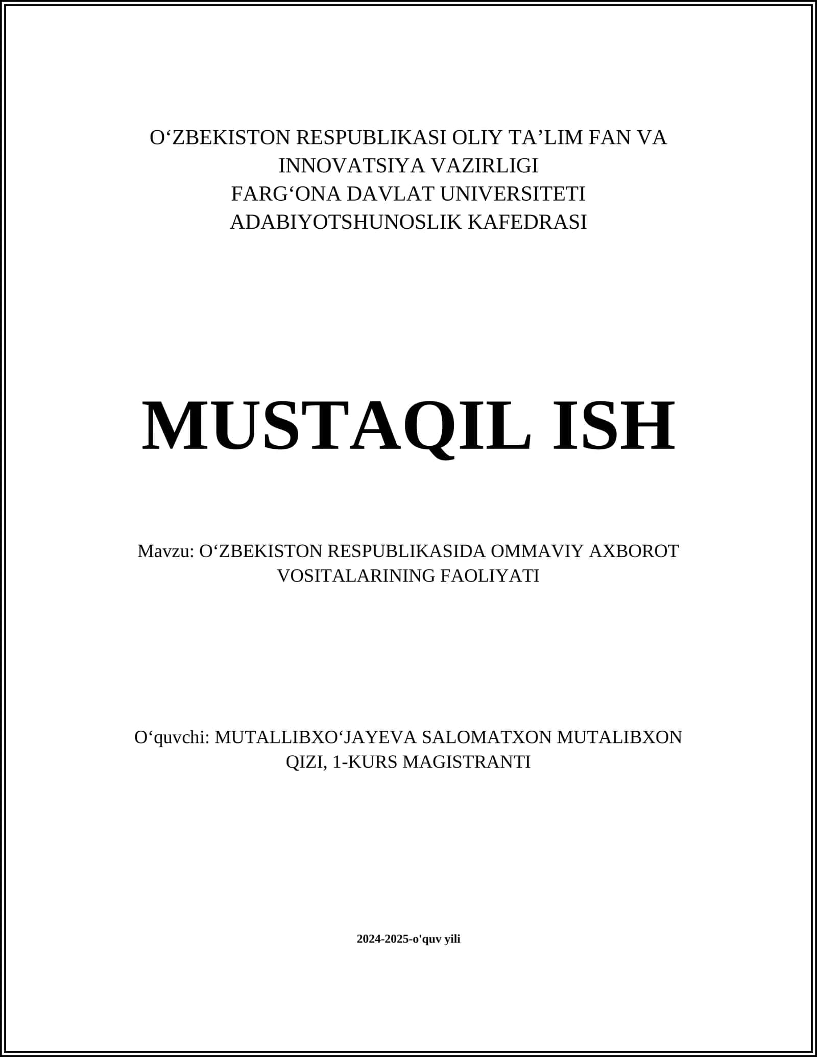 O‘zbekiston Respublikasida Ommaviy Axbarot Vositalarining Faoliyati 1