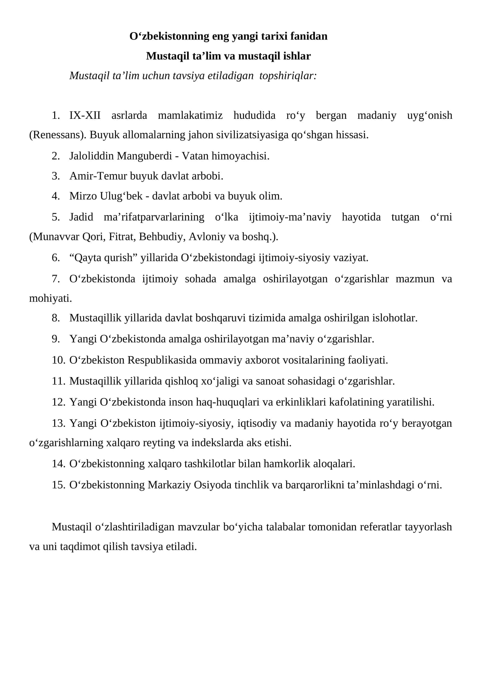 O‘zbekistonning eng yangi tarixi fanidan 1