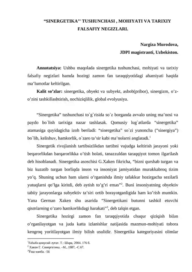 "SINERGETIKA’’ TUSHUNCHASI, MOHIYATI VA TARIXIY FALSAFIY NEGIZLARI"